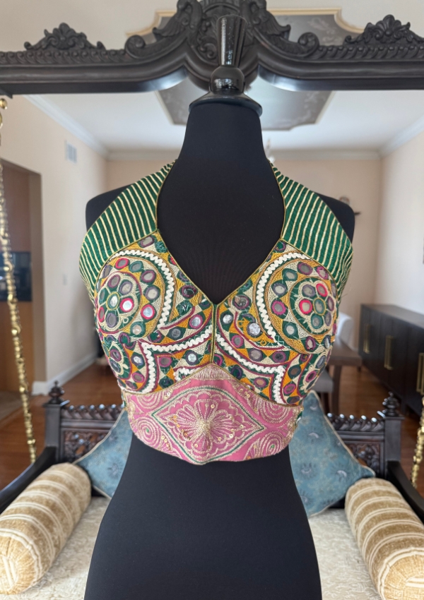 Green Gamthi Embroidered Halter Blouse